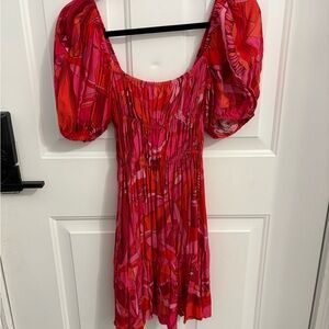 Olivaceous Puff Sleeve Red and Pink Women's Dress